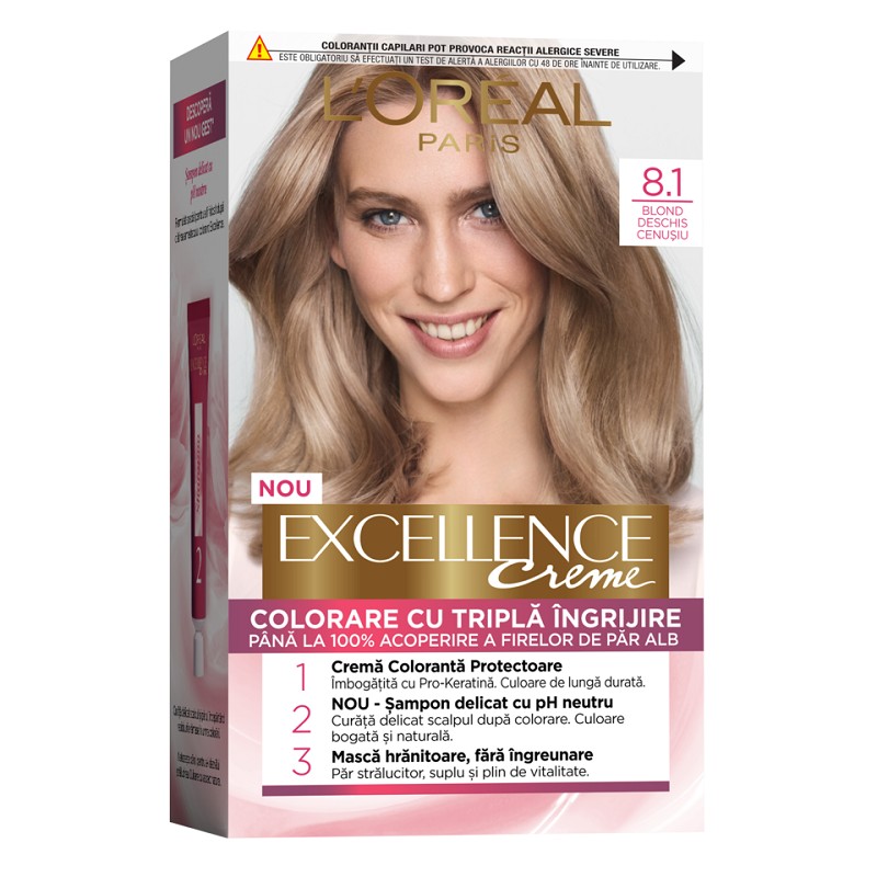 Set 2 x Vopsea de Par Permanenta cu Amoniac L'Oreal Paris Excellence Creme 8.1 Blond Deschis Cenusiu, 192 ml