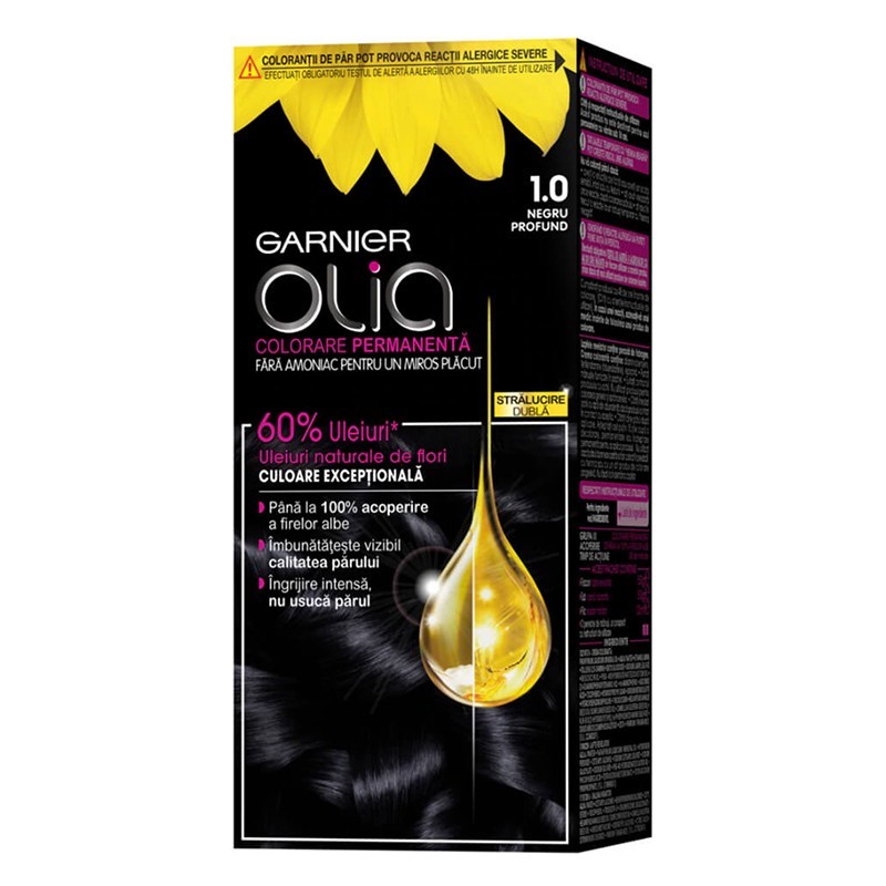 Set 2 x Vopsea de Par Permanenta fara Amoniac Garnier Olia 1.0 Negru Profund, 112 ml
