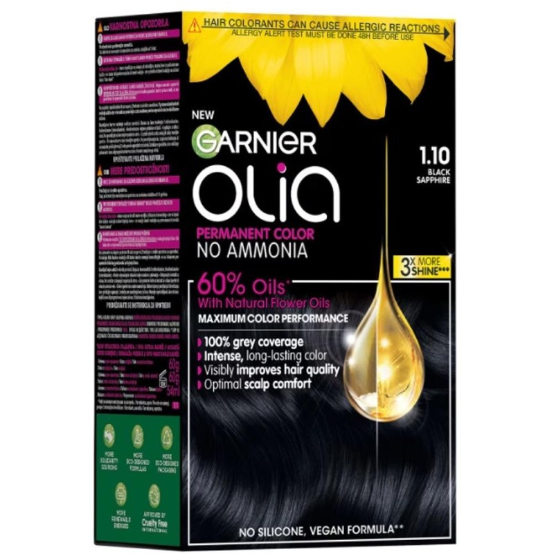 Set 2 x Vopsea de Par Permanenta fara Amoniac Garnier Olia 1.10 Black Sapphire, 174 ml
