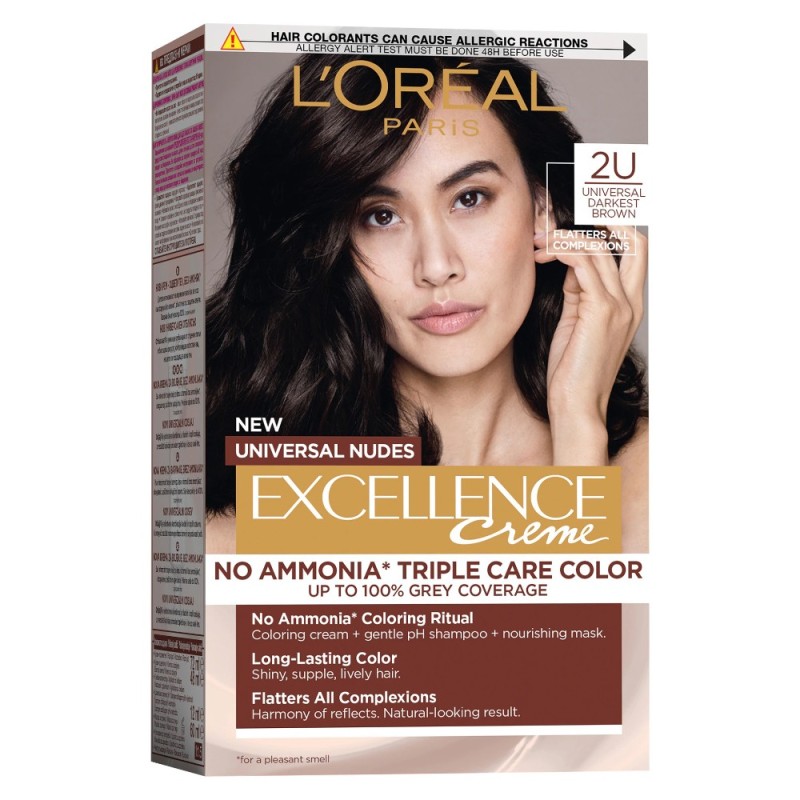 Set 2 x Vopsea de Par Permanenta fara Amoniac L'Oreal Paris Excellence Universal Nudes, 2U Darkest Brown, 192 ml