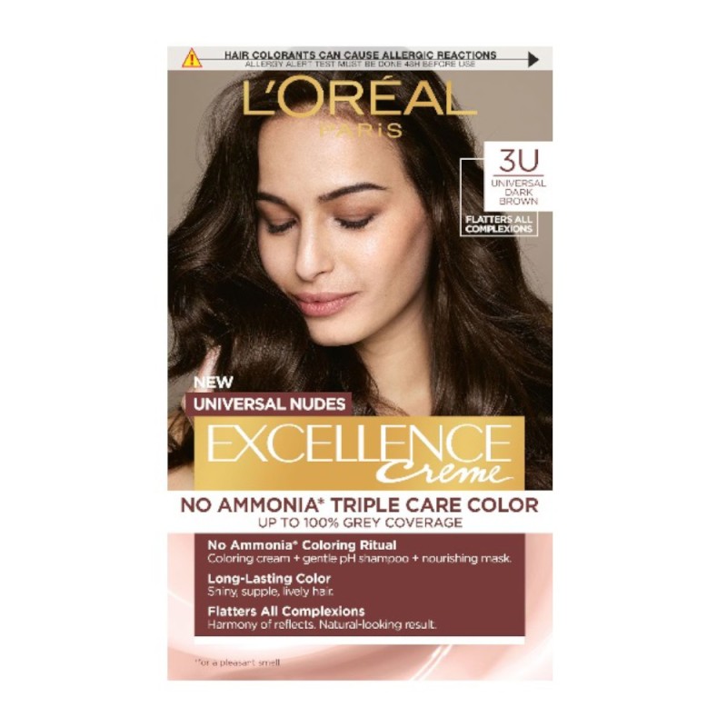 Set 2 x Vopsea de Par Permanenta fara Amoniac L'Oreal Paris Excellence Universal Nudes, 3U Universal Dark Brown, 192 ml