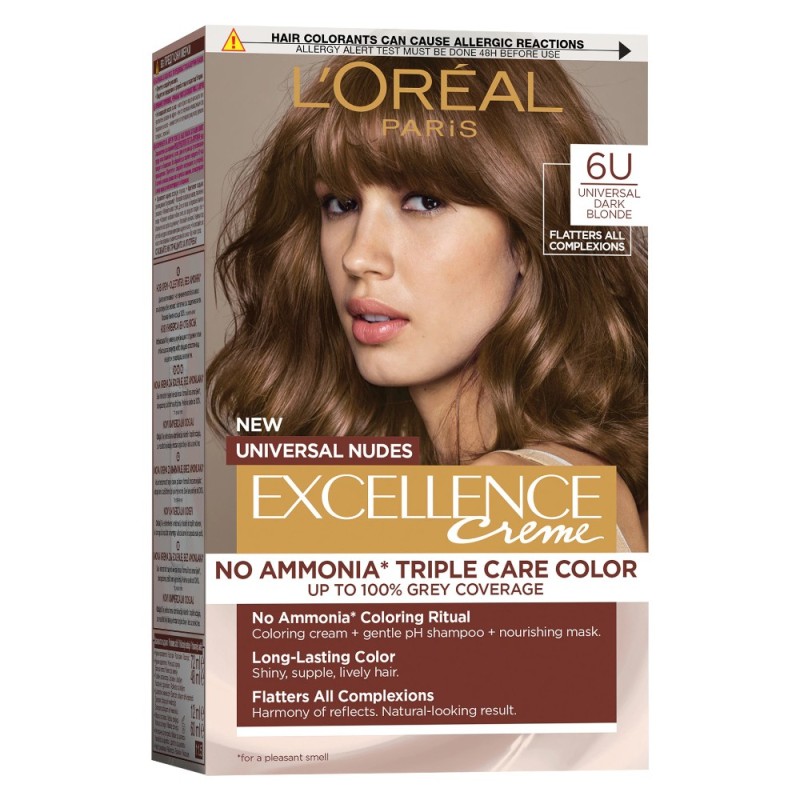 Set 2 x Vopsea de Par Permanenta fara Amoniac L'Oreal Paris Excellence Universal Nudes, 6U Dark Blonde, 192 ml