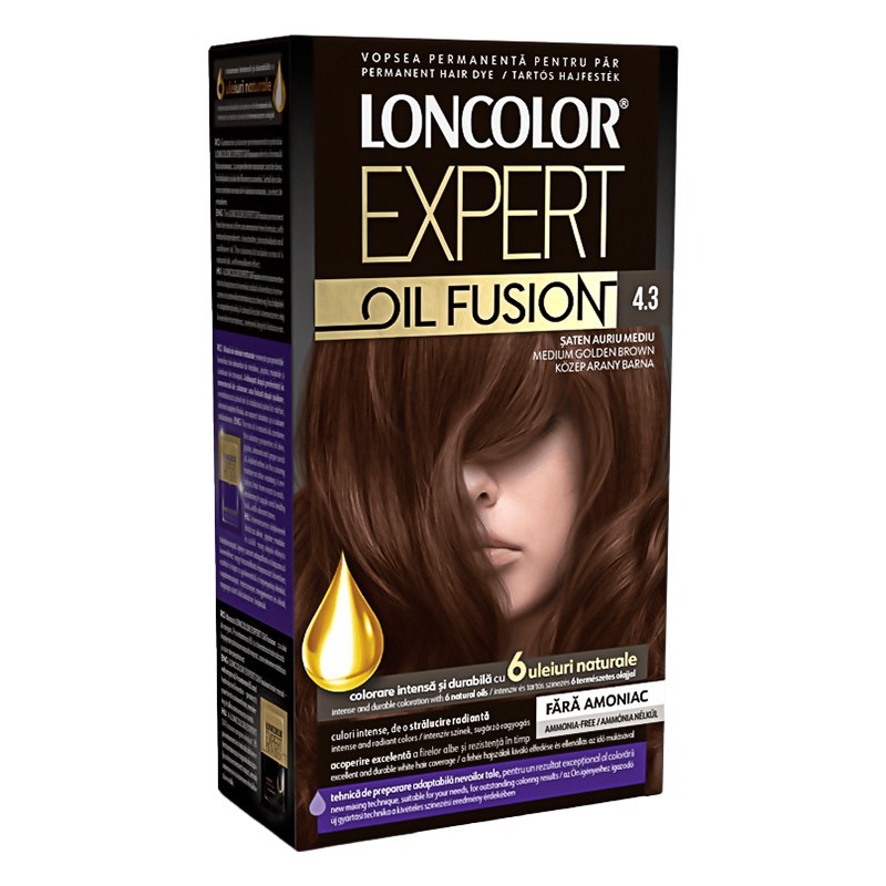 Set 2 x Vopsea de Par Permanenta fara Amoniac Loncolor Expert Oil Fusion 4.3 Saten Auriu Mediu, 100 ml