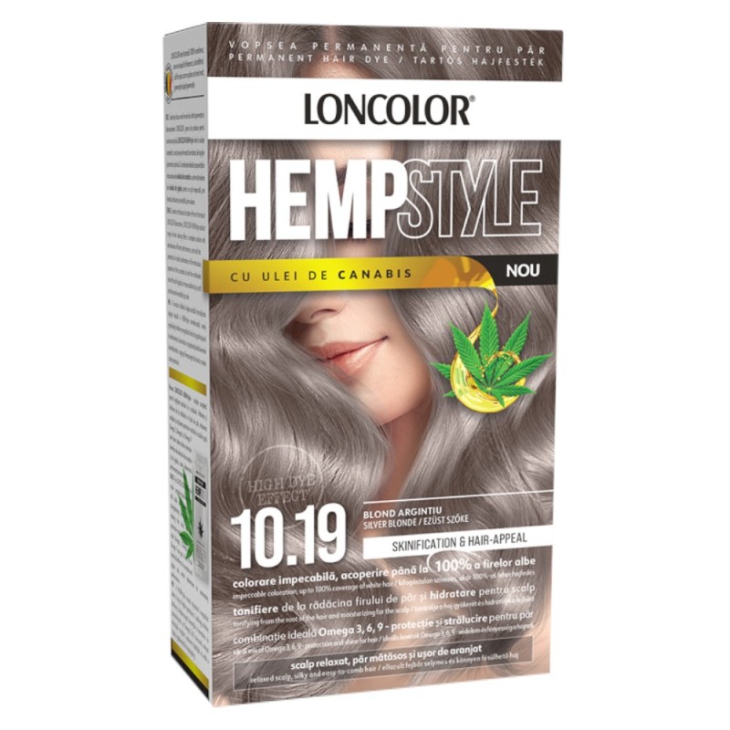 Set 2 x Vopsea de Par Permanenta Loncolor Hempstyle cu Ulei de Canabis, 10.19 Blond Argintiu, 100 ml