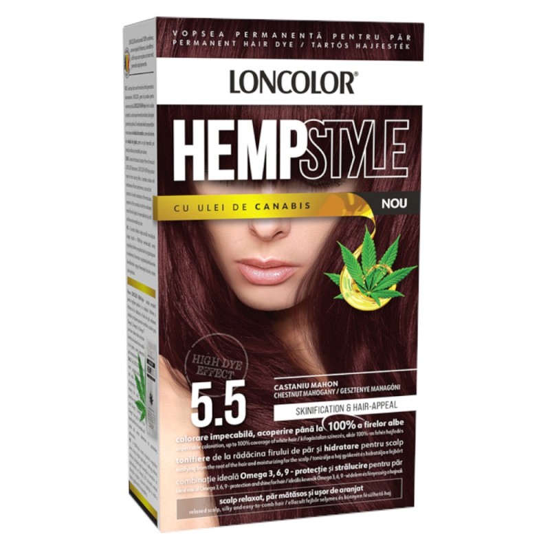 Set 2 x Vopsea de Par Permanenta Loncolor Hempstyle cu Ulei de Canabis, 5.5 Castaniu Mahon, 100 ml