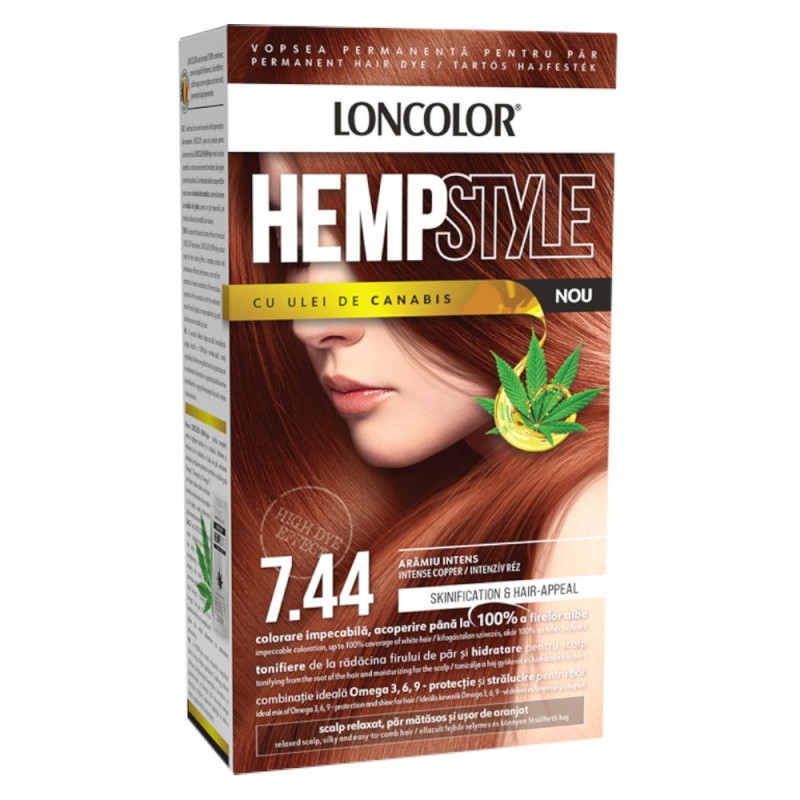 Set 2 x Vopsea de Par Permanenta Loncolor Hempstyle cu Ulei de Canabis, 7.44 Aramiu Intens, 100 ml