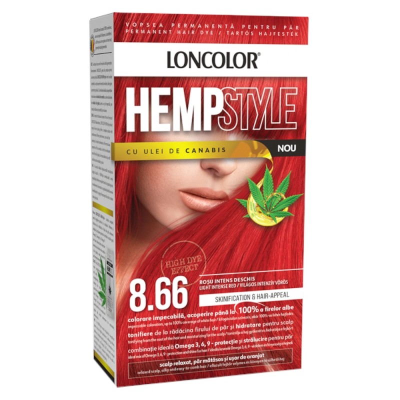 Set 2 x Vopsea de Par Permanenta Loncolor Hempstyle cu Ulei de Canabis, 8.66 Rosu Intens Deschis, 100 ml