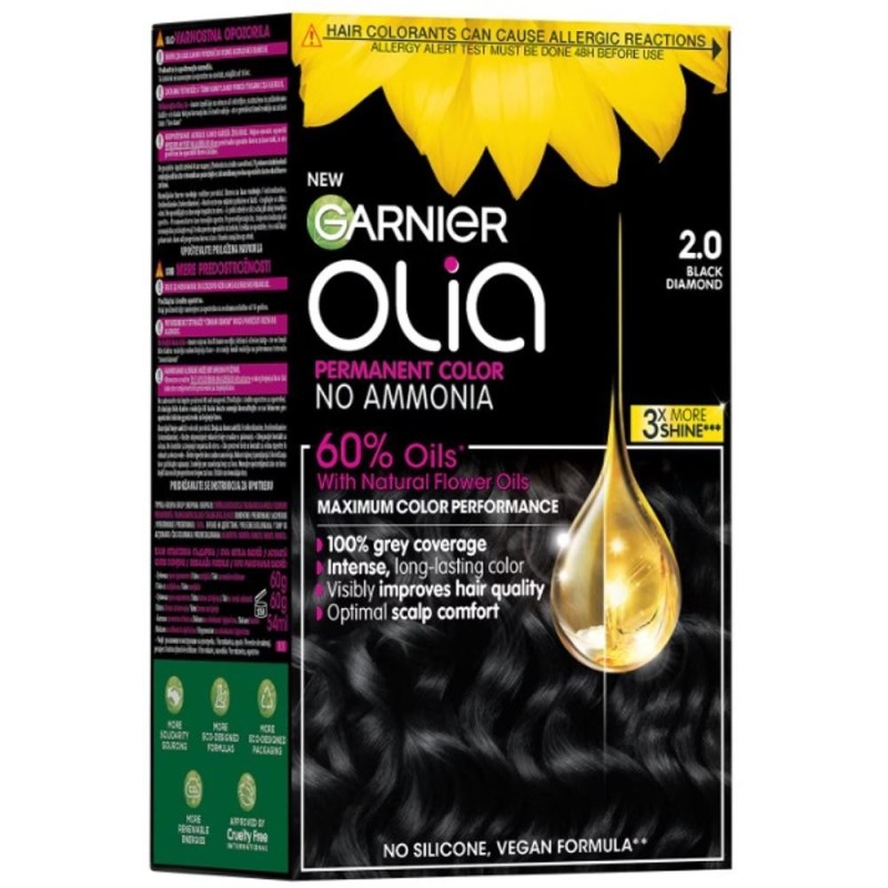 Set 2 x Vopsea Permanenta fara Amoniac, 2.0 Negru Diamant, Garnier Olia, 112 ml