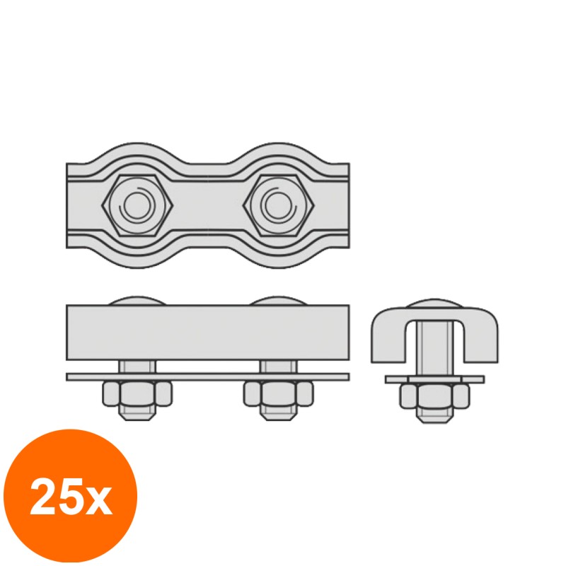 Set 25 x Cleme Duble pentru Cabluri Metalice de Tractiune 6 mm