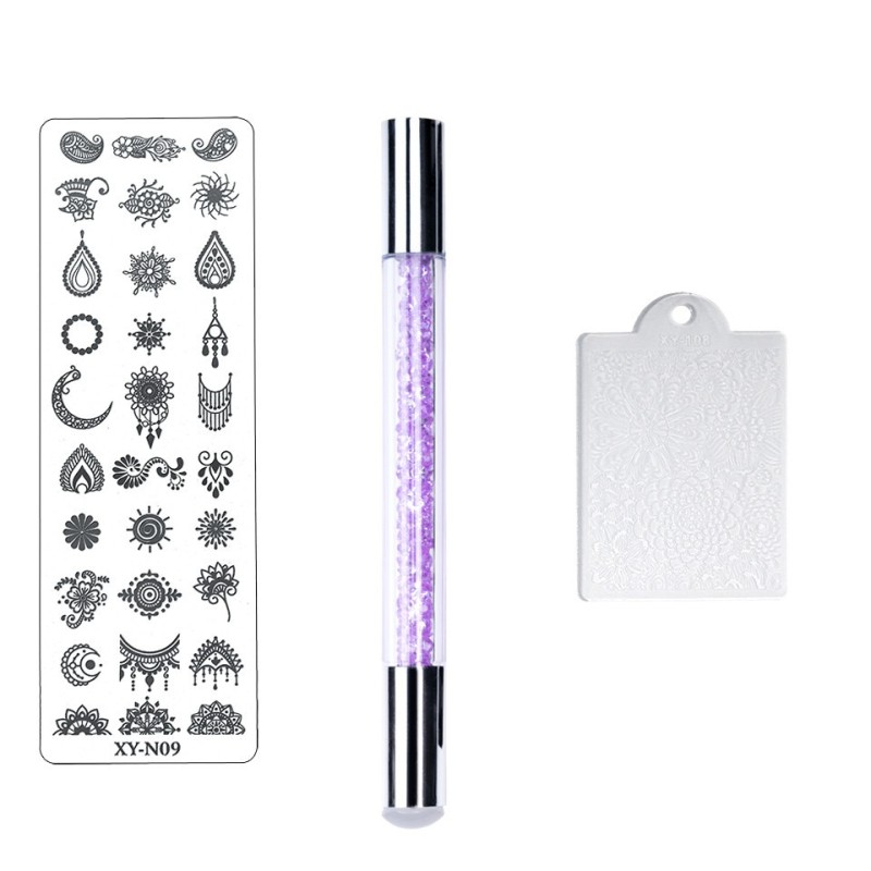 Set 3 In 1 Nail Art - Stampila Cu Maner Mov Argintiu, Matrita Xy- N09, Racleta