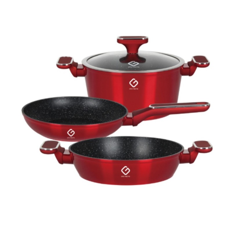 Set 3 Vase din Aluminiu si Capac din Sticla, Rosii, Compatibile cu Plita cu Inductie, Grunberg