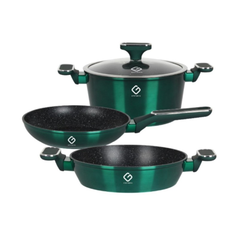 Set 3 Vase din Aluminiu si Capac din Sticla, Verzi, Compatibile cu Plita cu Inductie, Grunberg