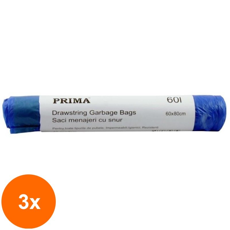 Set 3 x 10 Saci de Menaj cu Snur, Prima, Albastri, 60 Litri