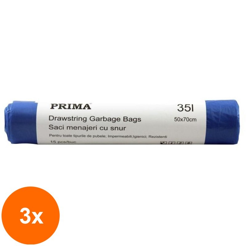 Set 3 x 15 Saci de Menaj cu Snur, Prima, Albastri, 35 Litri