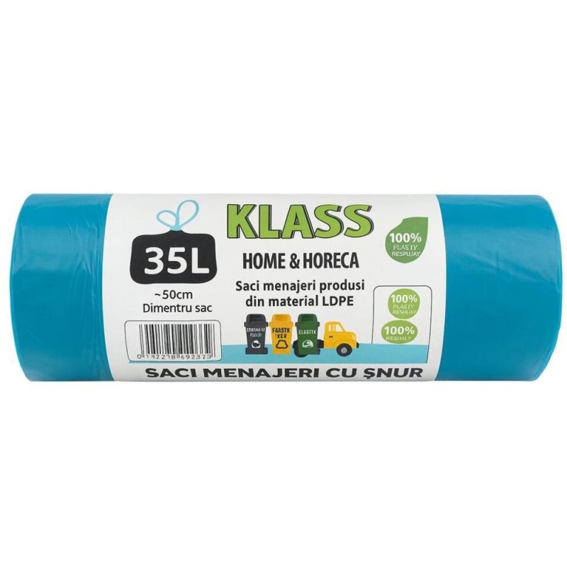 Set 3 x 15 Saci Menajeri Klass, 35 l, Turcoaz cu Snur