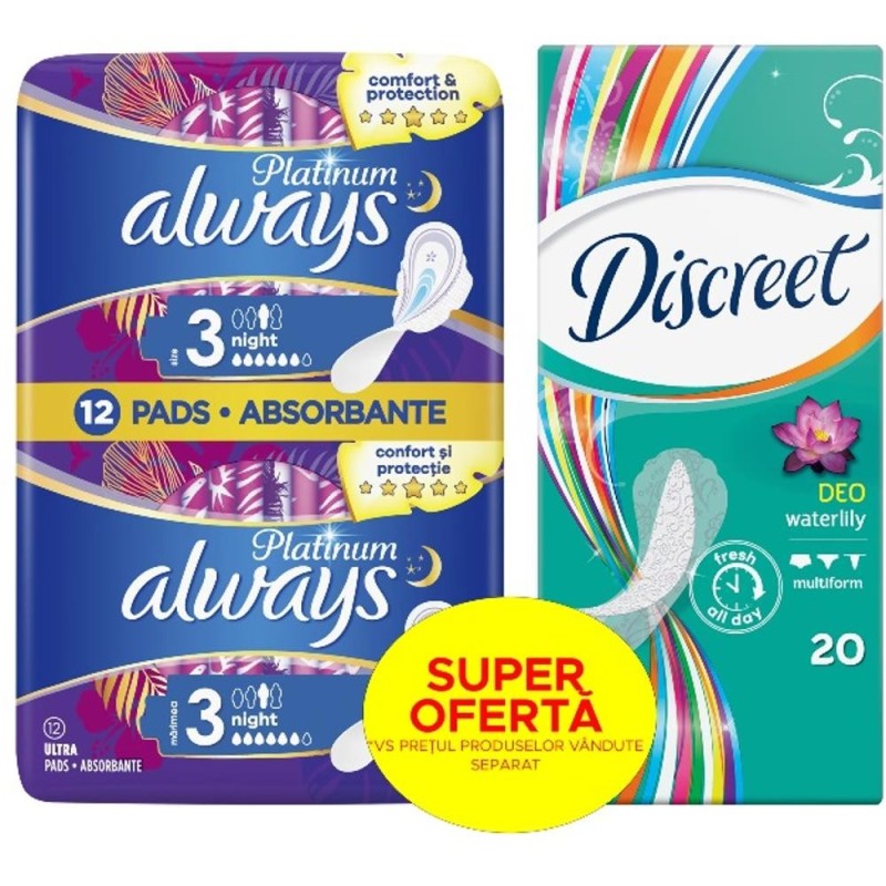 Set 3 x 20 Absorbante Always Platinum Night, 12 Bucati + Absorbante Zilnice Discreet Waterlily