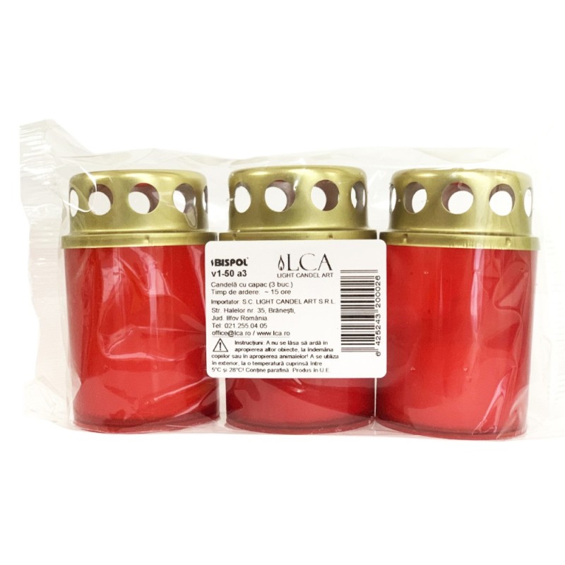 Set 3 x 3 Candela cu Capac Anti-vant, Plastic Rosu, 15 Ore