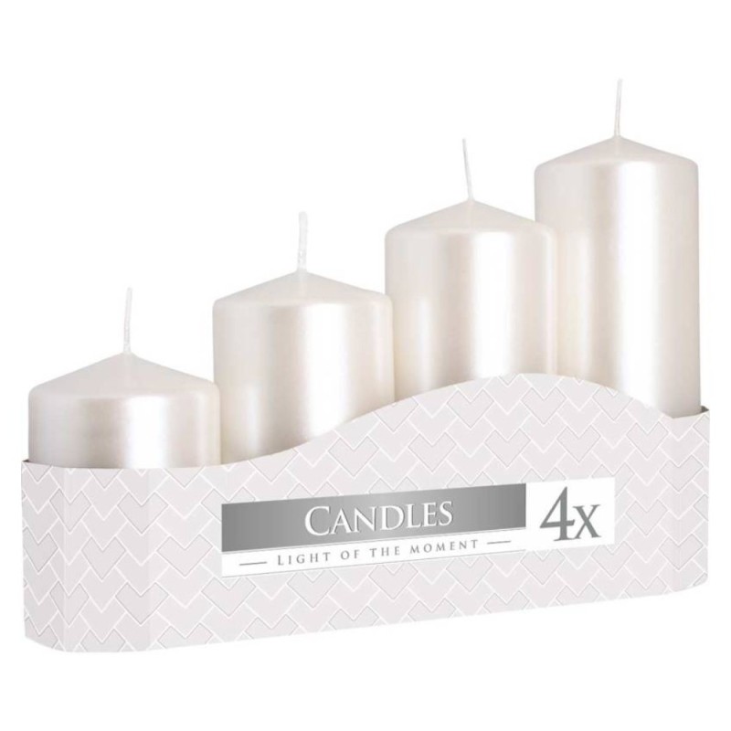 Set 3 x 4 Lumanari Stalp, Alb Perla, Dimensiuni Diferite