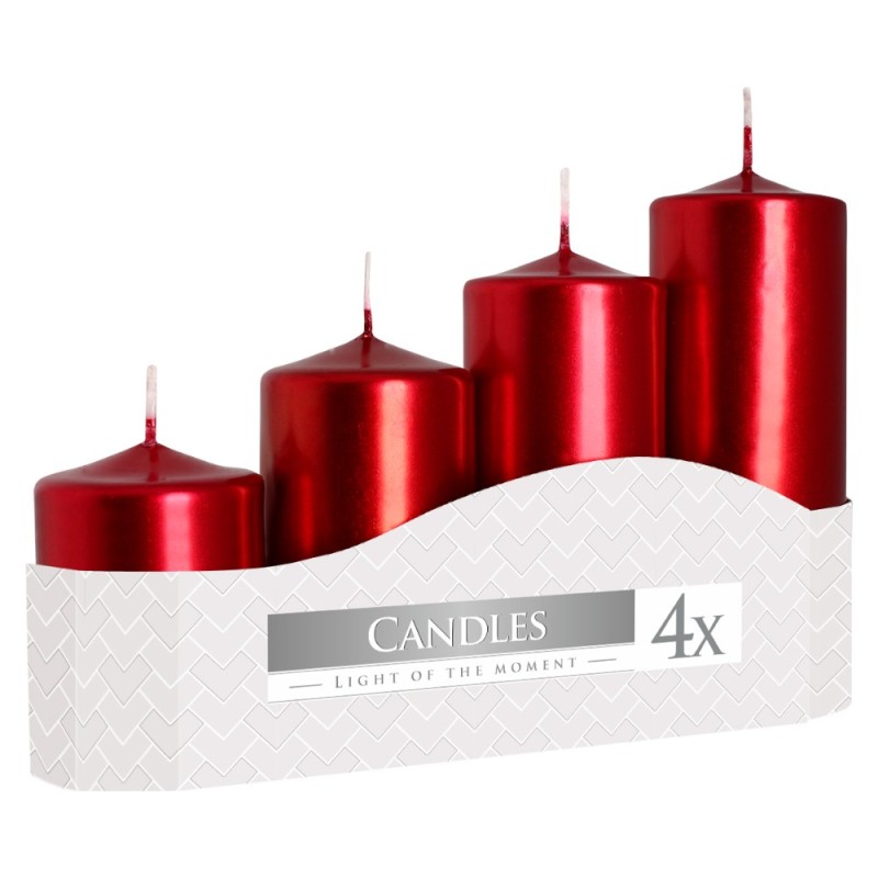 Set 3 x 4 Lumanari Stalp, Rosu Metalizat, Dimensiuni Diferite