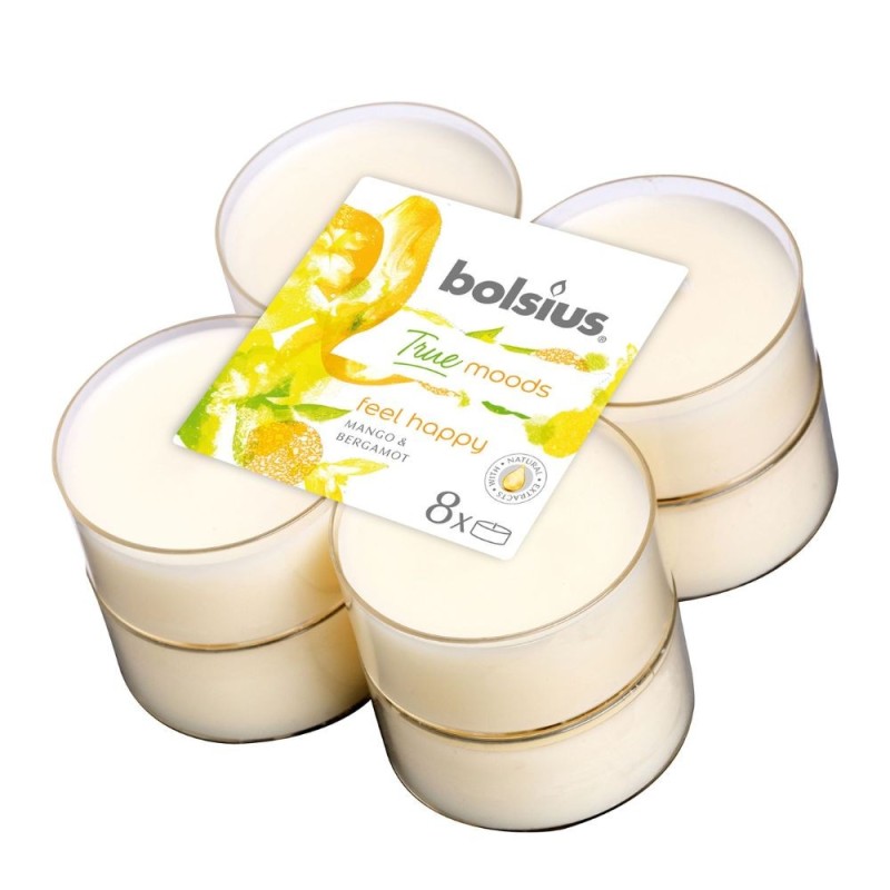Set 3 x 8 Lumanari Pastila 8h, Bolsius - Feel Happy Mango si Bergamot