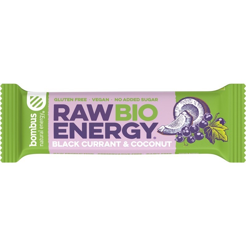 Set 3 x Baton Energizant Bio, Raw Energy, cu Coacaze Negre si Nuca de Cocos 50g Bombus