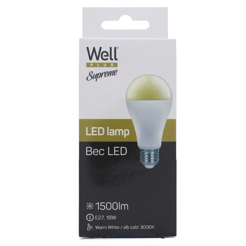 Set 3 x Bec cu Led Well, A65, E27, 18W / 100W, 1500 lm, 25000 Ore, 3000K, Lumina Calda