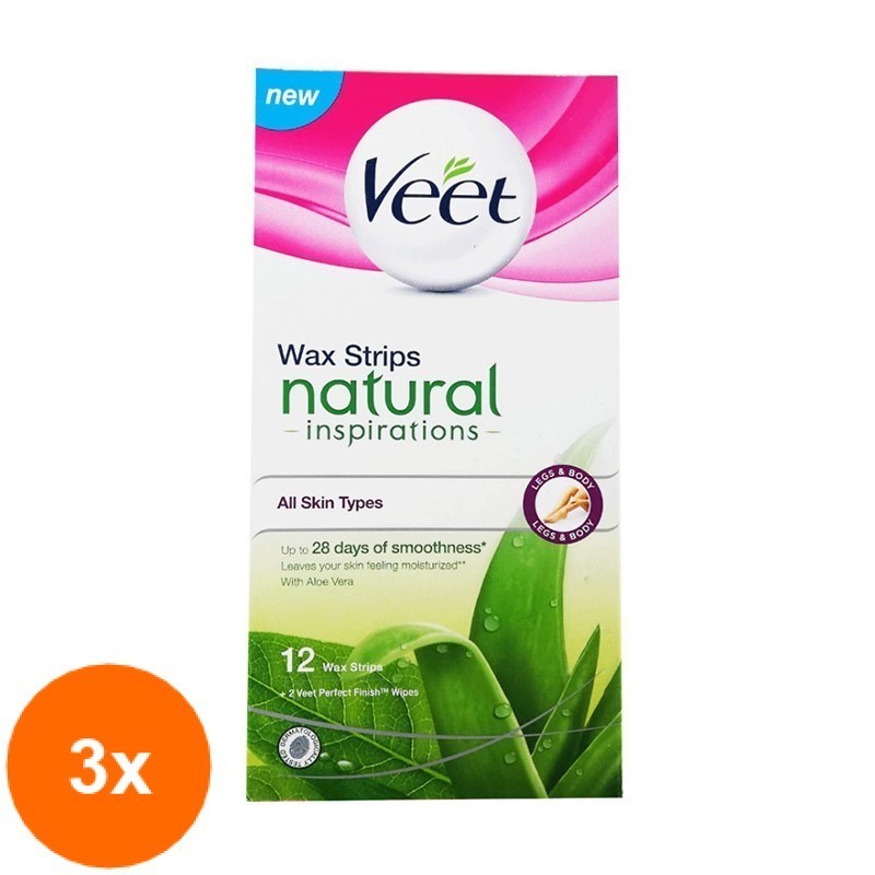 Set 3 x Benzi Depilatoare de Ceara pentru Piele Normala Veet cu Aloe Vera, 12 Bucati