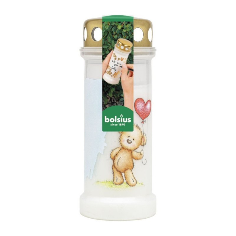 Set 3 x Candela din Plastic cu Capac, Alba, Model Ursulet, Bolsius, Nr. 6, 70 Ore