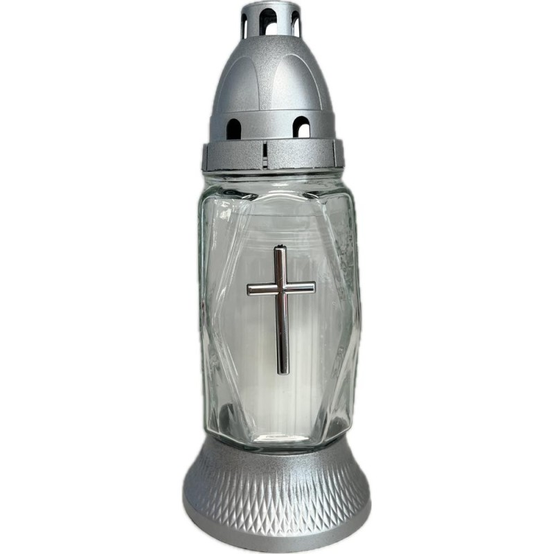 Set 3 x Candela din Sticla, Alba, cu Cruce Argintie