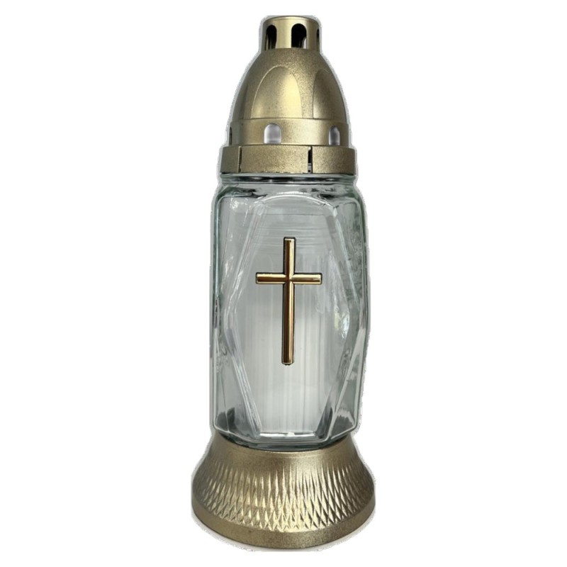 Set 3 x Candela din Sticla, Alba, cu Cruce Aurie