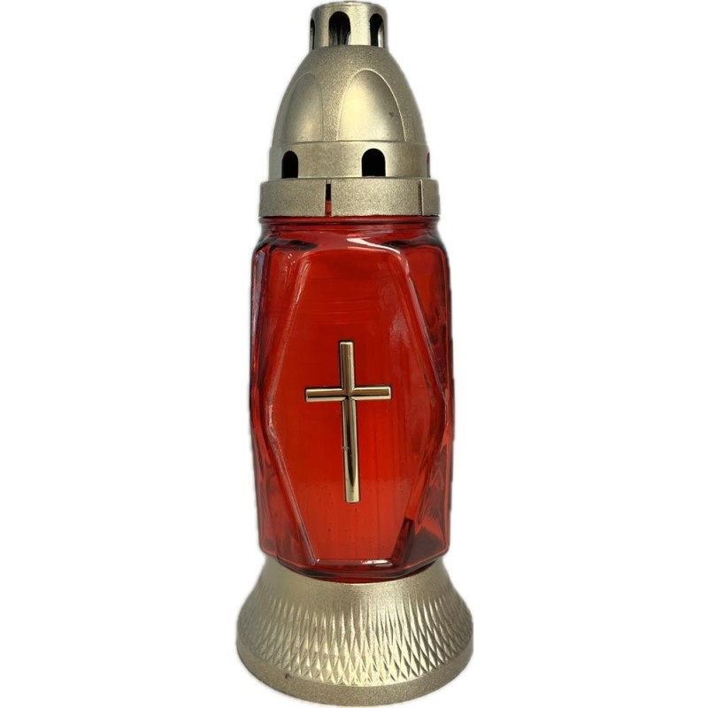 Set 3 x Candela din Sticla, Rosie cu Cruce Aurie