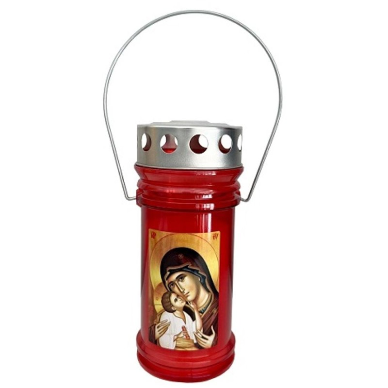 Set 3 x Candela Felinar din Plastic cu Capac si Maner, Maica Domnului, Rosie, 54 Ore