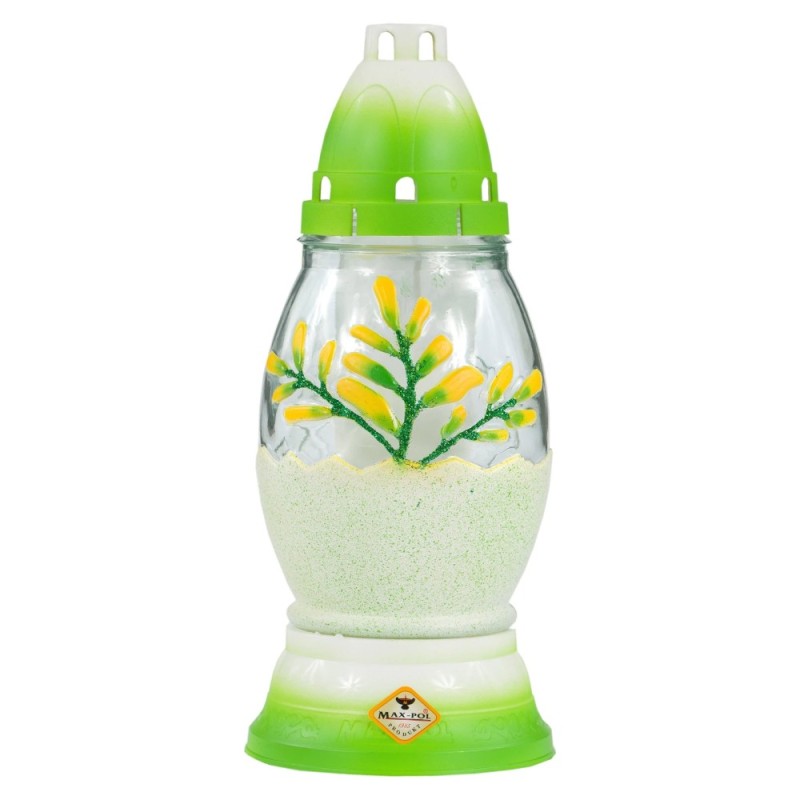 Set 3 x Candela Ou Pictata Manual din Sticla, Verde cu Flori, Max-Pol, 24 Ore