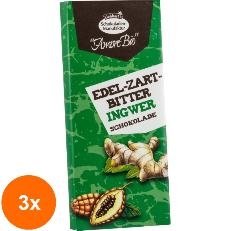 Set 3 x Ciocolata BIO Amaruie cu Ghimbir Caramelizat, 40 g, Liebhart's Amore Bio