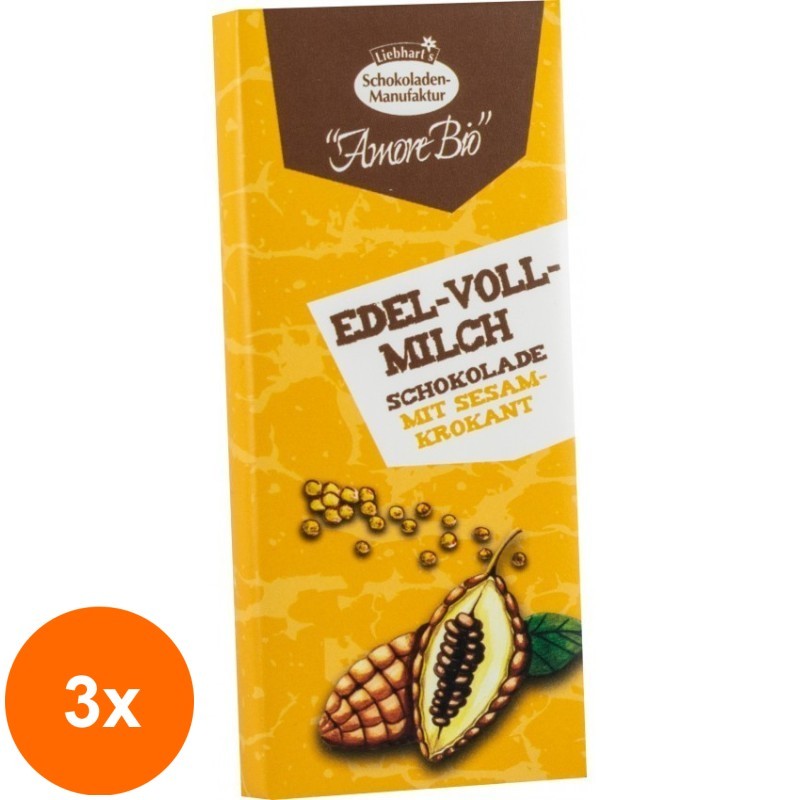 Set 3 x Ciocolata BIO cu Lapte si Susan Crocant, 40 g, Liebhart's Amore Bio