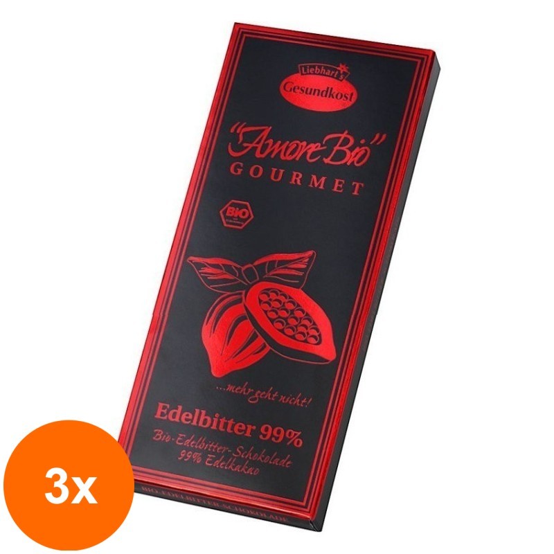 Set 3 x Ciocolata Neagra, 99% Cacao, 80 g, Liebhart's Amore Bio
