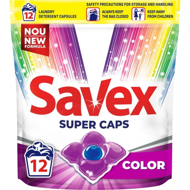 Set 3 x Detergent de Rufe Savex Super Caps 2 in 1 Color Pouch, 12 Capsule