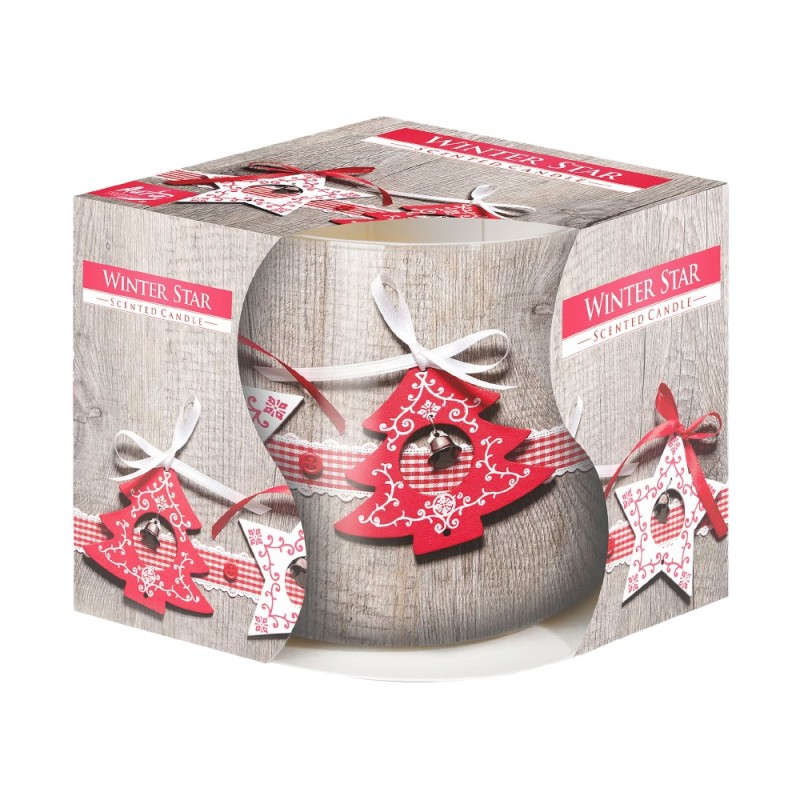 Set 3 x Lumanare Parfumata in Pahar Imprimat, Stelute si Braduti de Iarna, 22 Ore