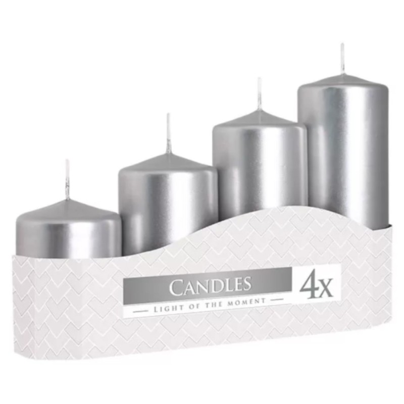 Set 3 x Lumanare Stalp Argintie, 4 Dimensiuni