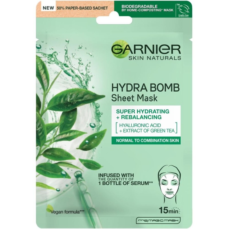 Set 3 x Masca de Fata Servetel Garnier Moisture + Freshness, Ceai Verde, Ten Normal si Mixt, 32 g