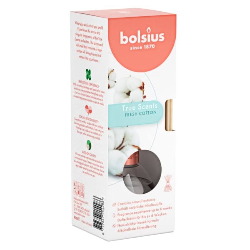 Set 3 x Odorizant cu Betisoare Bolsius True Scents Fresh Cotton, 45 ml