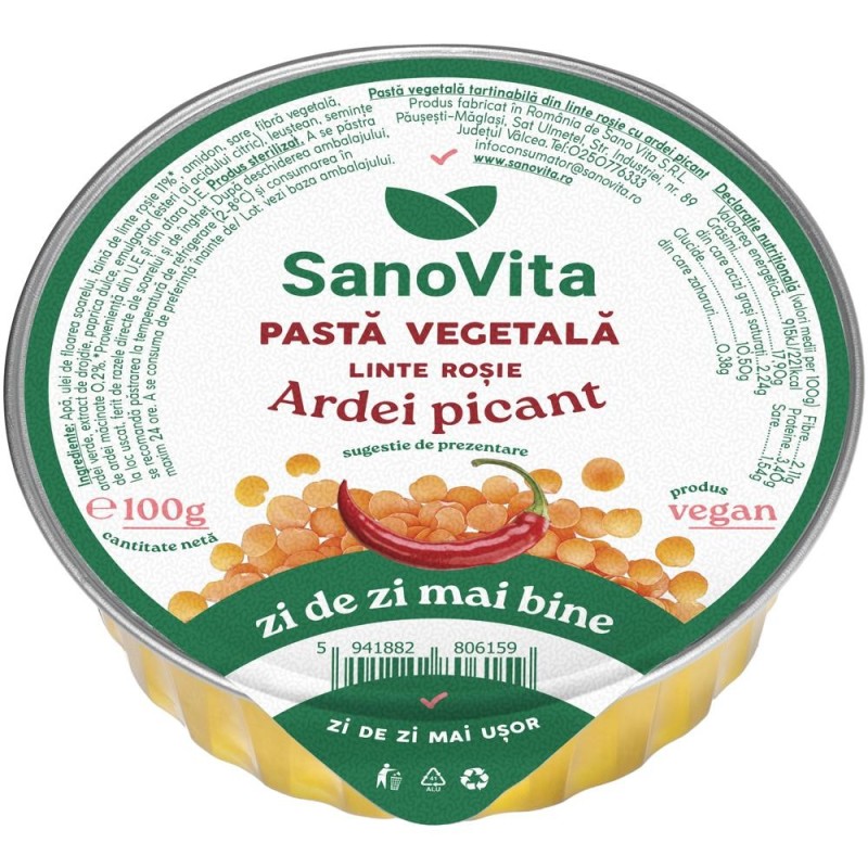 Set 3 x Pasta Vegetala din Linte Rosie cu Ardei Picant, Sanovita, 100 g