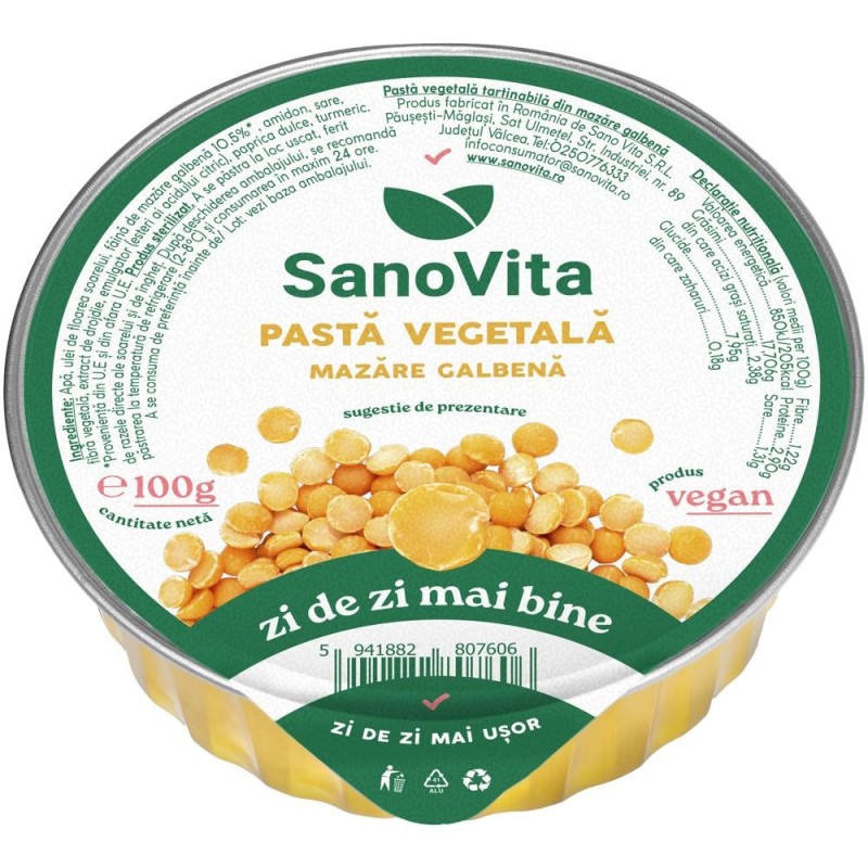 Set 3 x Pasta Vegetala din Mazare Galbena, Sanovita, 100 g