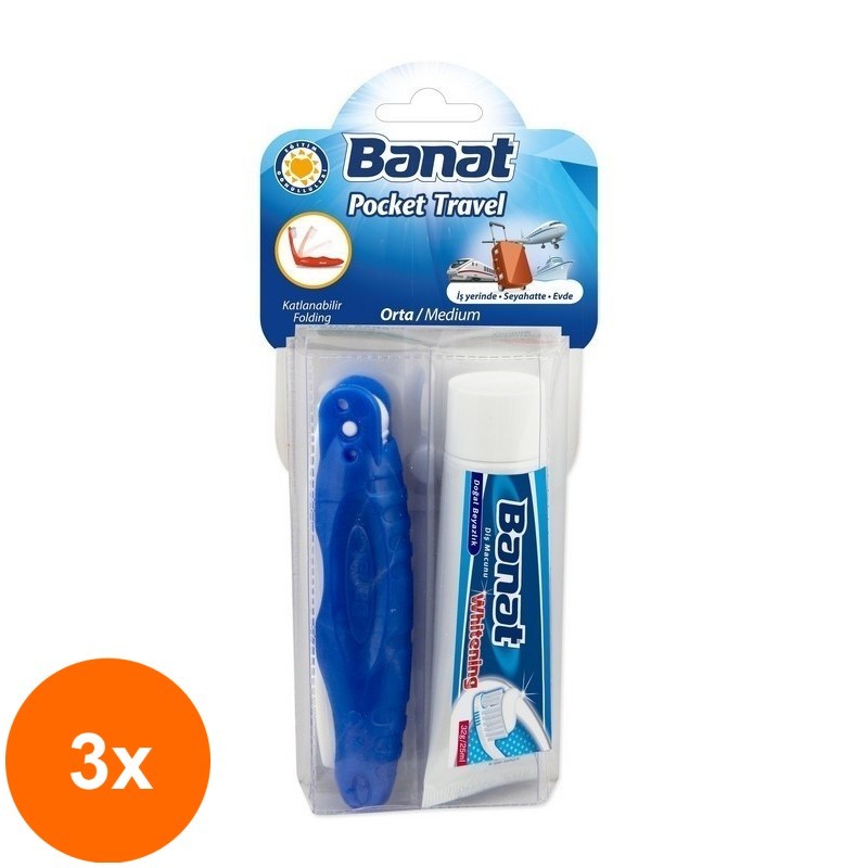 Set 3 x Periuta de Dinti si Mini Pasta de Dinti Banat, pentru Calatorie, 25 ml