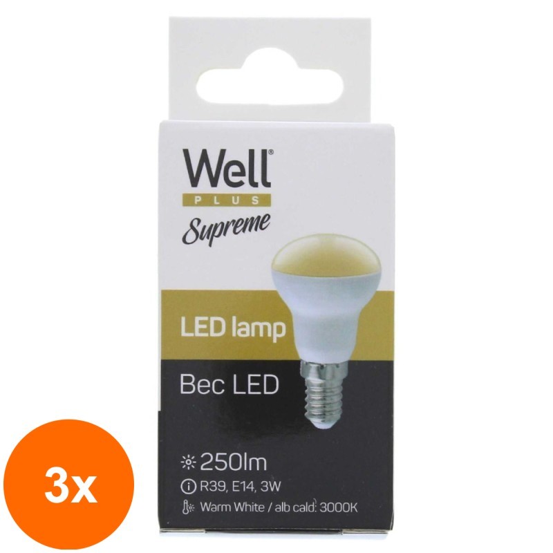 Set 3 x Spot cu Led Supreme Well, R39, E14, 3W / 25W, 250 lm, 25000 Ore, 3000K, Lumina Calda