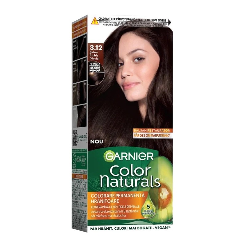 Set 3 x Vopsea de Par Permanenta cu Amoniac Garnier Color Naturals 3.12 Saten Inchis Glacial, 110 ml