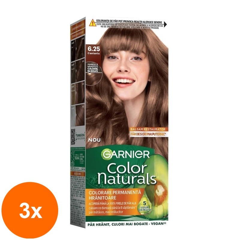 Set 3 x Vopsea de Par Permanenta cu Amoniac Garnier Color Naturals 6.25 Castaniu, 110 ml