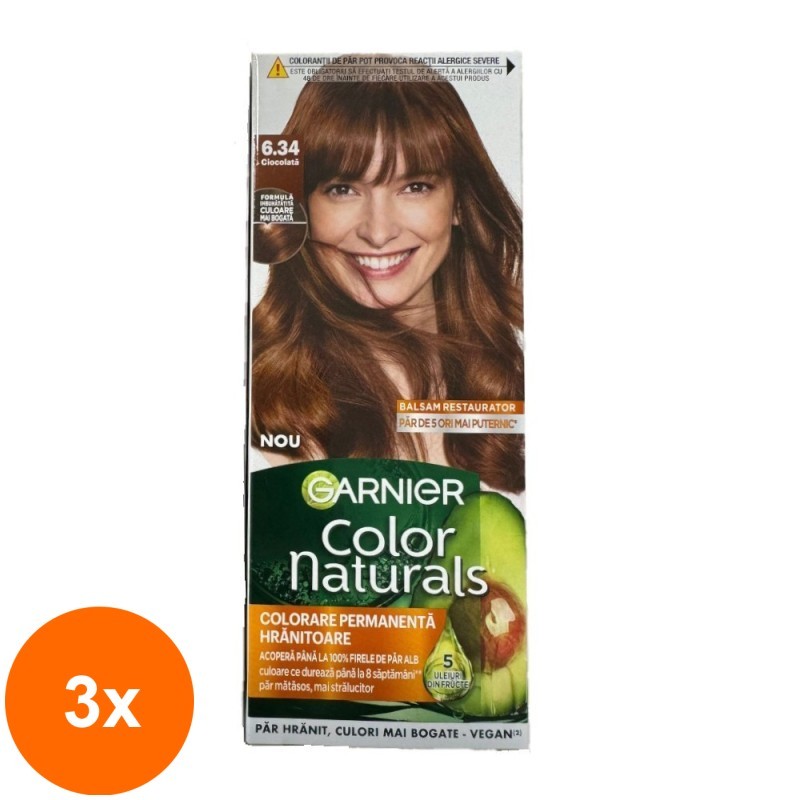 Set 3 x Vopsea de Par Permanenta cu Amoniac Garnier Color Naturals 6.34 Ciocolata, 110 ml