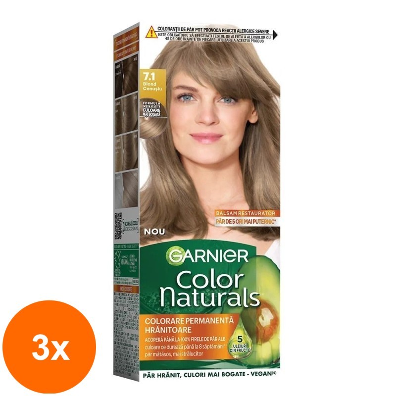 Set 3 x Vopsea de Par Permanenta cu Amoniac Garnier Color Naturals 7.1 Blond Cenusiu, 110 ml