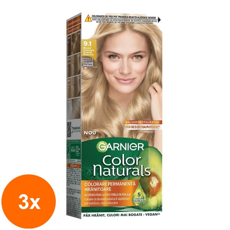 Set 3 x Vopsea de Par Permanenta cu Amoniac Garnier Color Naturals 9.1 Blond Cenusiu foarte Deschis, 110 ml